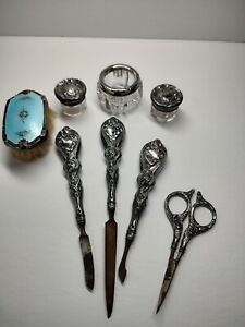 Antique Art Nouveau Sterling Silver Guilloche Enamel Dresser Vanity Set 8 Pieces