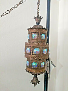Hollywood Regency Hanging Lamp With Iridescent Glass Vintage Mid Century