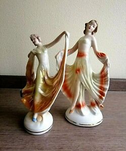 Vintage Pair Of Art Deco Ceramic Dancing Lady Figures Porcelain Girl Art Deco