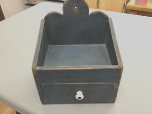 American Folk Art Wood Painted Blue Box With Drawer Primitive Rustic 