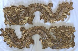 Pair Large Vintage Chinese Carved Wood Gilt Wall Sculpture Dragons Panels Set