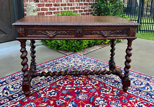 Antique French Desk Table Renaissance Revival Barley Twist Carved Tiger Oak 19c
