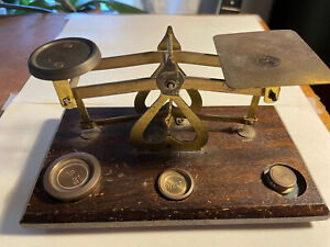 Antique English Victorian Brass Postal Scale Wooden Base With 3 Weights