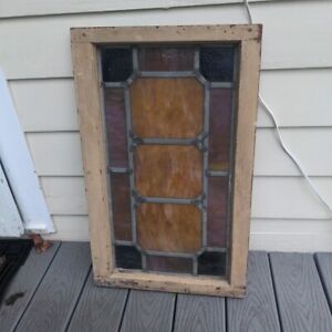 Antique Stained Glass Window 29 X 18 Wood Frame