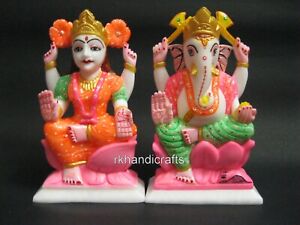 9 Inches Marble God Ganesha Goddess Laxmi Maa Statue Handcrafted Decorative Idol