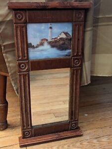 Antique Federal Reverse Painted Mirror With Eastlake Style Carving Solid Wood
