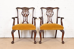Baker Furniture Chippendale Carved Mahogany Dining Armchairs Pair