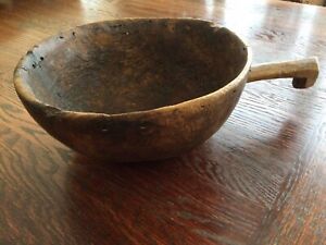 Antique 1700 S 1800 S Primitive Burl Wood Bowl Or Dipper With Old Repairs