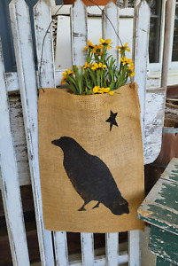 Primitive Crow Hanging Stenciled Burlap Bag