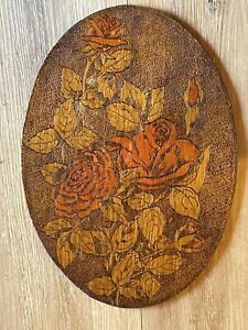 Antique Folk Art Pyrography Red Roses Large Oval 12 X 17