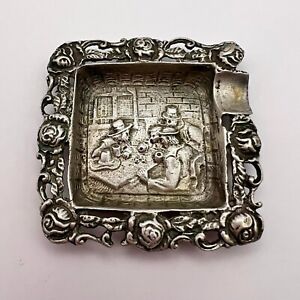 Ashtray Plate Small Antique Sterling Silver 800 Smokers Sculpture Tavern Scene
