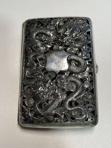 Antique Silver Chinese Export Open Work Dragon Repousse Cigar Box Case 162 Grams