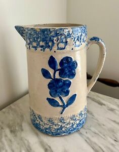 Antique 19th C Primitive Country Blue White Rose Stoneware Spongeware Pitcher