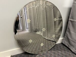 Art Deco Wall Mirror Vintage Round Beveled Etched Ornate Hollywood Regency 40s