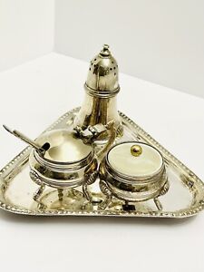 Silver Plate Condiment Set Mustard Pepper Pot Salt Sugar Cellar Made In India