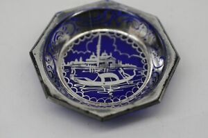 Chinese Temple River Design Blue Glass Silver Metal Cased 3 Trinket Dish Ga