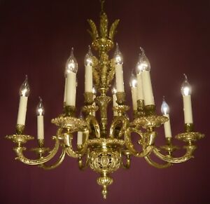 Large Spanish Vintage Antique 16 Light Shiny Brass Chandelier Lightings 27 