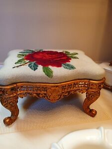 Vintage Antique Victorian Cast Iron Foot Stool With Rose Needlepoint Motif