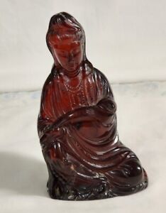Antique Chinese Dark Cherry Amber Bakelite Carved Guanyin Figure 266 Gr