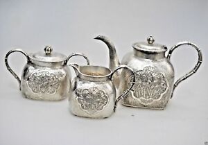 433 Grs Antique Chinese China Export Solid Silver Tea Set Pot Bowl Creamer 1880