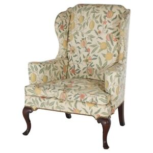 English Queen Anne Style Upholstered Mahogany Fireside Wingback Chair 20th C