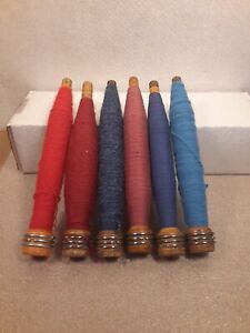Vintage Lot Of 6 Wood Thread 7 Spools Industrial Textile Bobbin Spindles