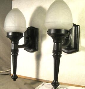 Porch Lights Pair 2 Wall Sconces Antique Matching Ornate Globes Restored