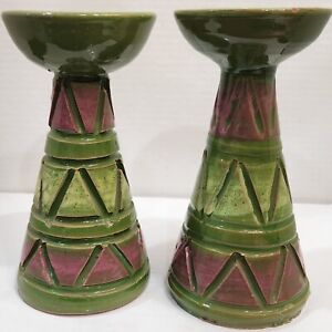 Set Of Mcm Bitossi Raymor Green Purple Yellow Italian Pottery Candle Holder