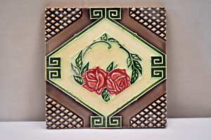 Antique Tile Japan Majolica Art Nouveau Ceramic Two Rose Flower Design Rare S147