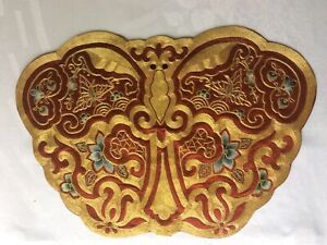 Vtg Chinese Gold Hand Embroidered Silk Large Doily Butterfly Motif 17 X 12 
