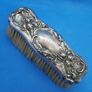 Antique Sterling Silver Woodside Floral Repousse 7 Horse Hair Clothes Brush