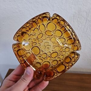 Vintage Amber Glass Pebble Bubble Ashtray Trinket Dish Textured Art Glass Mcm