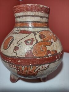 Pre Columbian Mayan Hand Painted Tri Footed Warrior Pottery