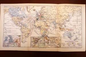 1897 Antique Meyers German Atlas Map Of World Trade Excellent Detail