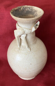 Antique Chinese Song Dynasty Ding Kiln Vase Applied Animal Figurine