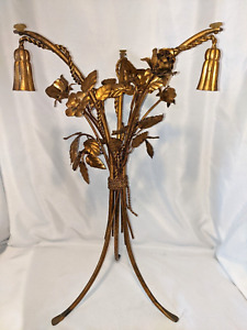 Vintage Italian Gilt Metal Floral Tole Side Table Base W Flowers Rope Tassels