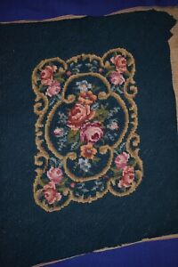 Vintage Antique Handmade Needlepoint Cover Roses Wool Teal Blue Floral