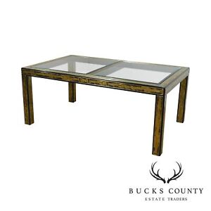 Bernard Rohne Mastercraft Acid Etched Brass Glass Top Expandable Dining Table