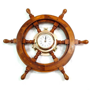 18 Wooden Ship Wheel Engrave Brass Porthole Clock Nautical Steering Wheel Decor