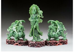 A096 Three Chinese Spinach Jade Carvings On Carved Hardwood Stands 20th Century