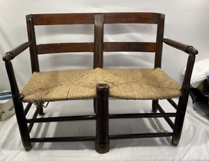 Antique 1800 S Slat Back Double Wagon Chair Primitive Vintage Farm Decor