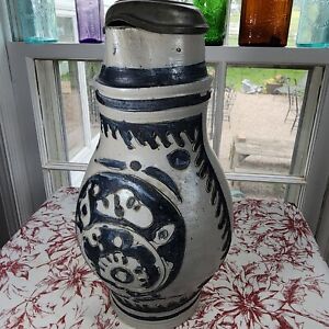 Early Antique Salt Glazed Stoneware German Pewter Lidded Pitcher Crock