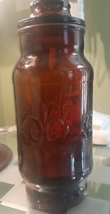 Vtg 1970s Borden Dark Amber Glass Apothecary Jar With Lid Fleur De Lis