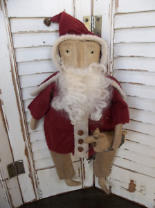 Primitive Folk Art Santa Christmas Doll And Reindeer