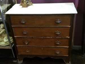 Antique Marble Top 4 Drawer Oak Dresser 38 5 X37 X17 5 Very Good Condition