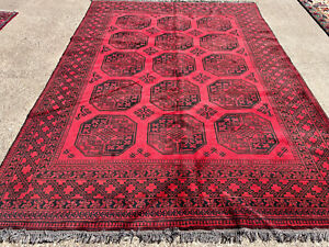 7x10 Vintage Handmade Oriental Red Black Rug Hand Knotted Antique Carpet 6x9 7x9