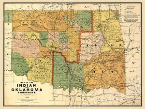 1890s Map Of The Indian And Oklahoma Territories Vintage State Map 24x32