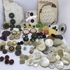Lot Vintage Buttons Carved Bakelite Glass Pearl Brass Victorian Deco Rhinestone