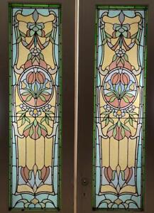 Pair Of 112 Tall French Antique Art Nouveau Leaded Stained Glass Window Doors