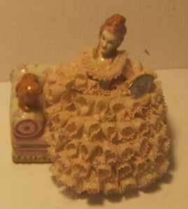 Gorgeous Irish Dresden Porcelain Figurine Lady Elizabeth W Lacy Dress Dog Fan